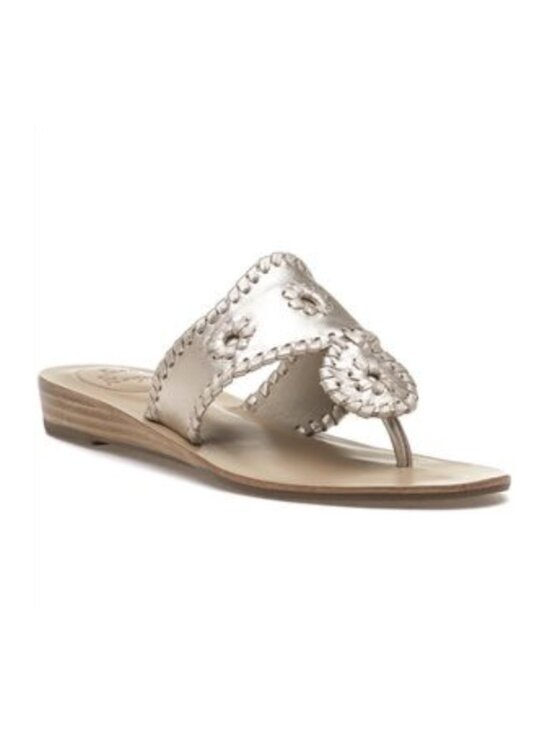 Palm Beach Sandals Shoes - Jack Rogers Mid Wedge 2" Leather Thong Sandals in Metallic Platinum, 8M